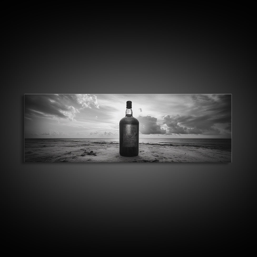 Whiskey on Beach, Bottle Seascape, Moody Coastal Still Life, Canvas Print, Masculine Bar Wall Art, Rustic Living Room Accent Piece