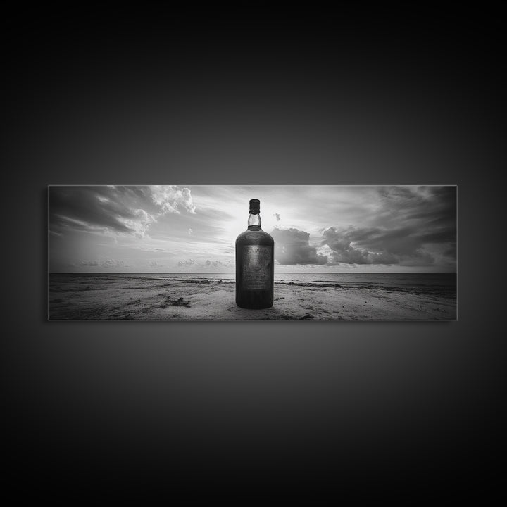 Whiskey on Beach, Bottle Seascape, Moody Coastal Still Life, Canvas Print, Masculine Bar Wall Art, Rustic Living Room Accent Piece