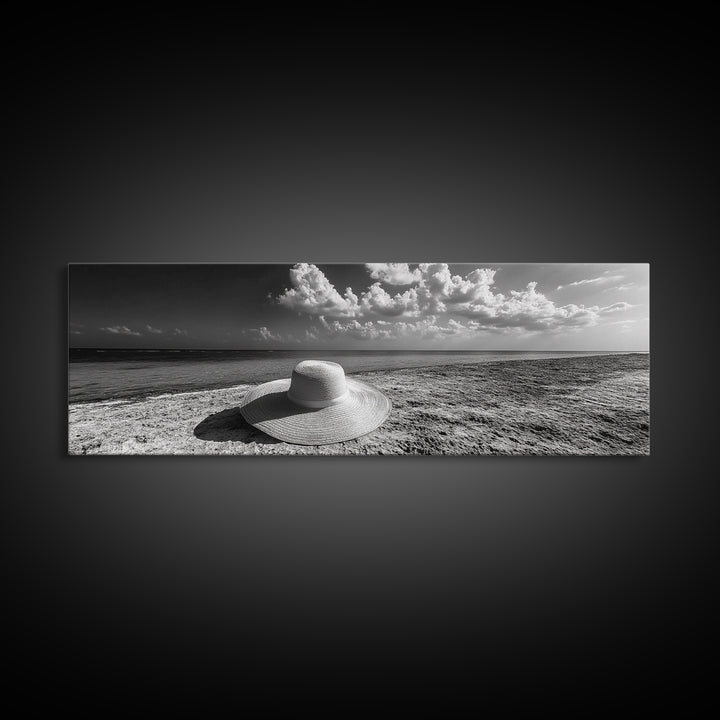 Beach Hat Scene, Coastal Escape, Sunny Seaside Moment, Framed Canvas Print, Modern Boho Bedroom Art, Summer Inspired Wall Decor