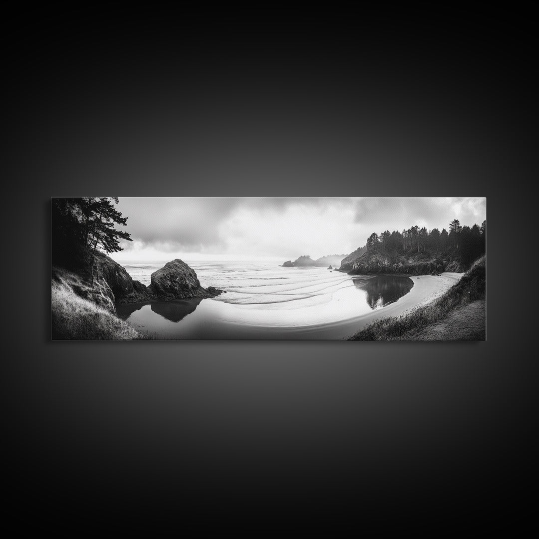 Forest Beach, Pacific Coast, Morning Mist, Tranquil Cove, Framed Canvas Print, Rustic Cabin Wall Art, Nature Landscape Photography
