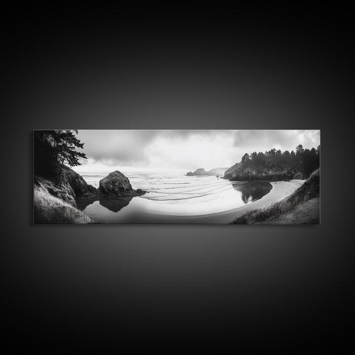Forest Beach, Pacific Coast, Morning Mist, Tranquil Cove, Framed Canvas Print, Rustic Cabin Wall Art, Nature Landscape Photography