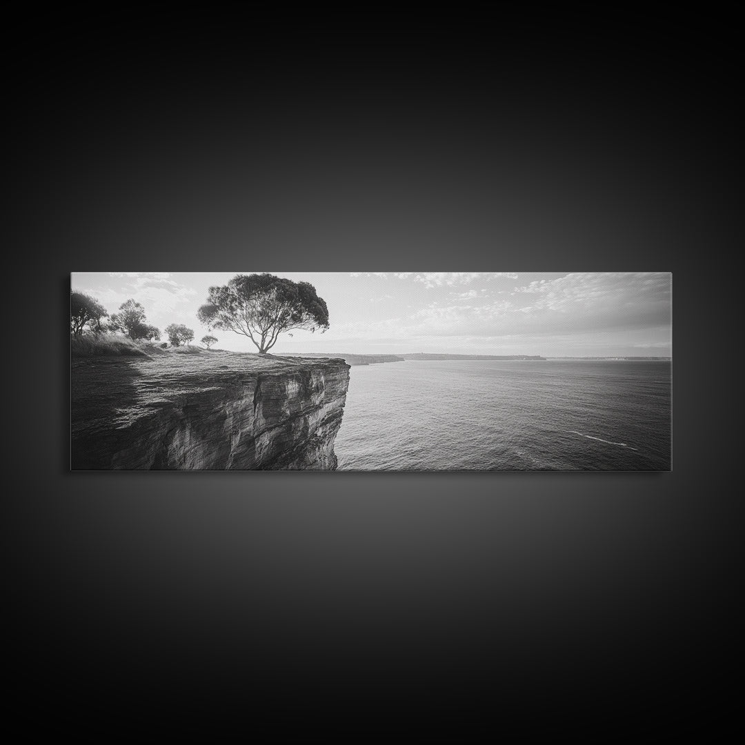 Coastal Cliff Tree, Ocean Horizon, Nature Photography, Framed Canvas Print, Minimalist Wall Art, Living Room Decor, Modern Landscape