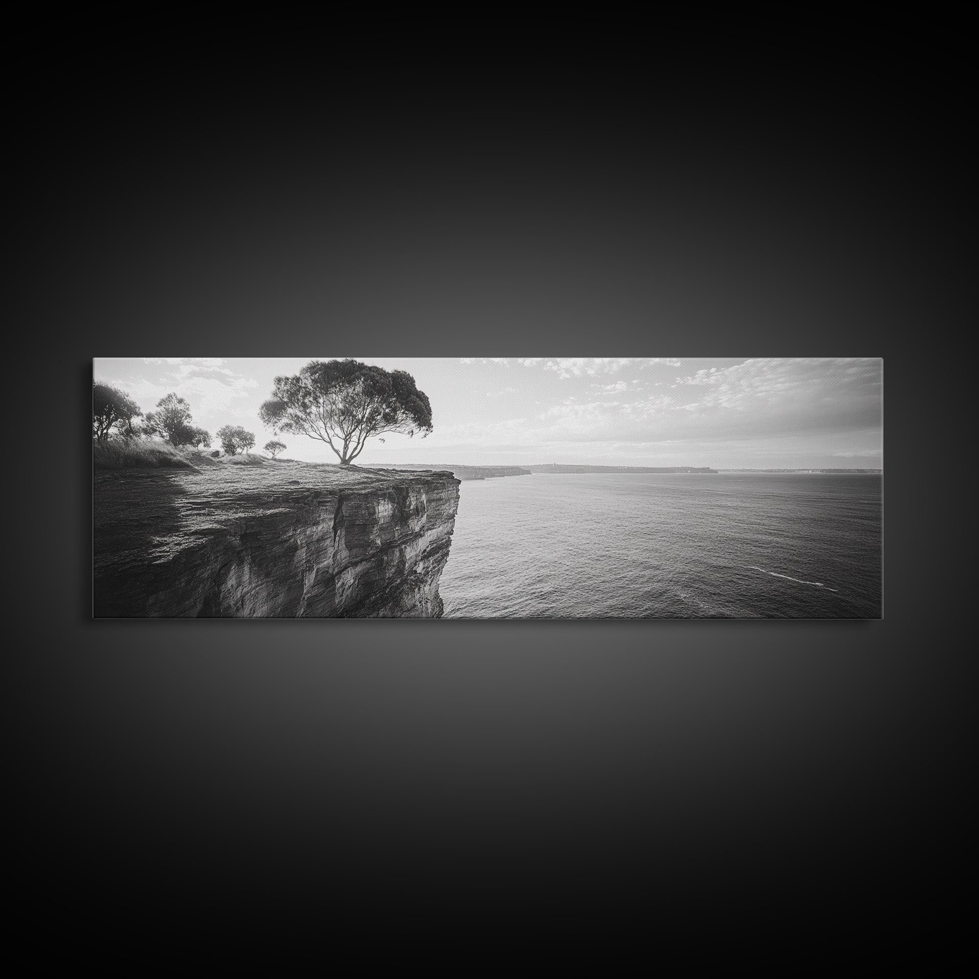 Coastal Cliff Tree, Ocean Horizon, Nature Photography, Framed Canvas Print, Minimalist Wall Art, Living Room Decor, Modern Landscape