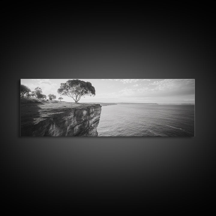 Coastal Cliff Tree, Ocean Horizon, Nature Photography, Framed Canvas Print, Minimalist Wall Art, Living Room Decor, Modern Landscape