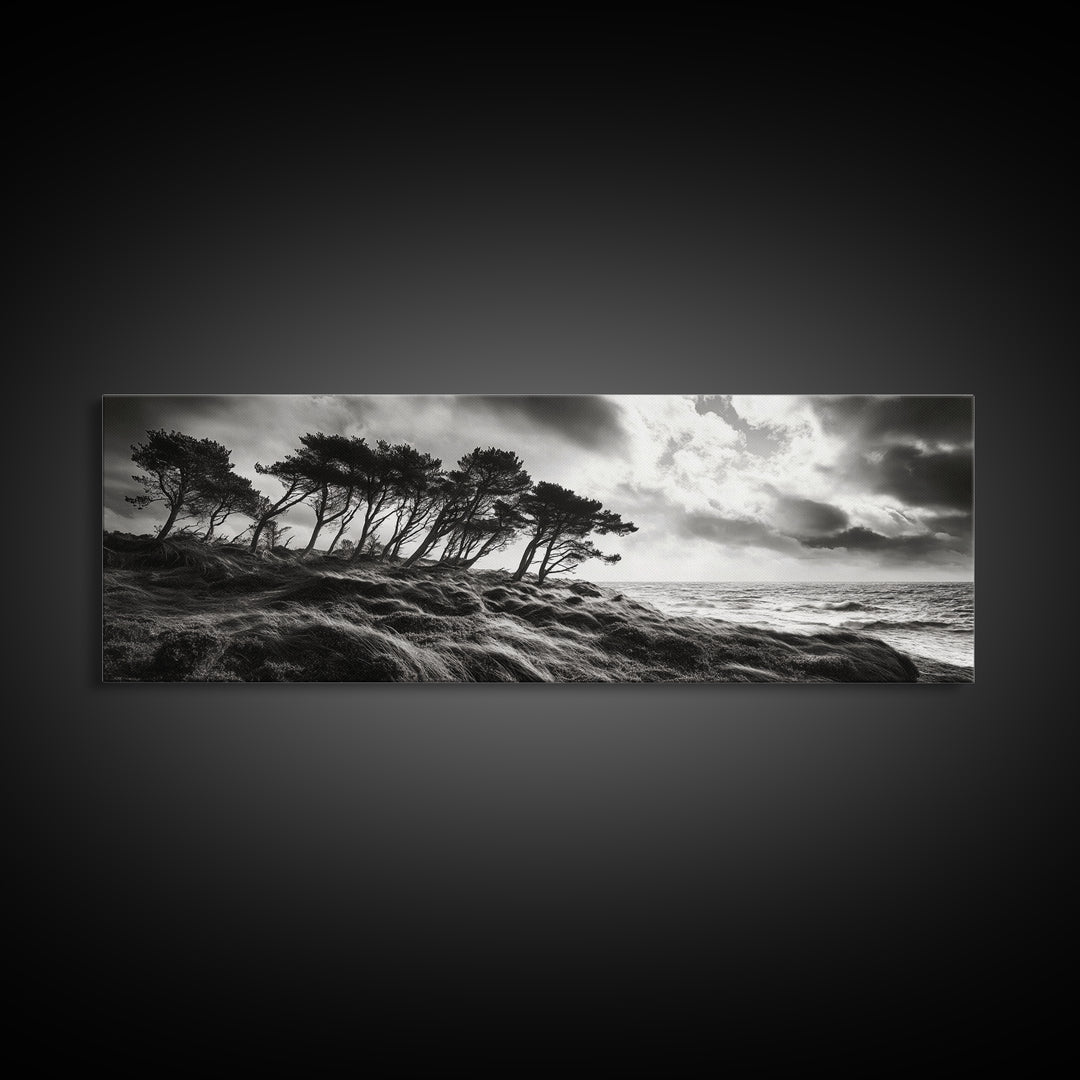 Windswept Pines, Stormy Sea, Moody Coastal Scene, Framed Canvas Print, Rustic Nature Decor, Bedroom Wall Art, Autumn Vibes