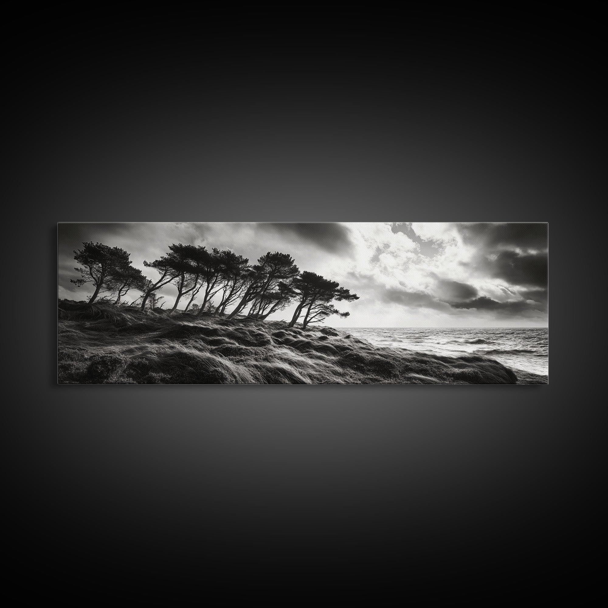 Windswept Pines, Stormy Sea, Moody Coastal Scene, Framed Canvas Print, Rustic Nature Decor, Bedroom Wall Art, Autumn Vibes