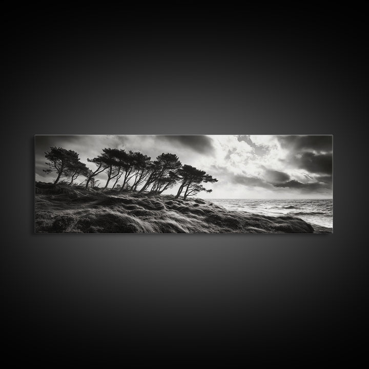 Windswept Pines, Stormy Sea, Moody Coastal Scene, Framed Canvas Print, Rustic Nature Decor, Bedroom Wall Art, Autumn Vibes