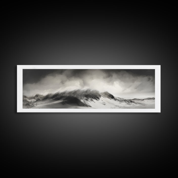 Sand Dune Storm, Coastal Winds, Black and White Nature, Framed Canvas Print, Neutral Wall Art, Hallway Decor, Minimalist Style