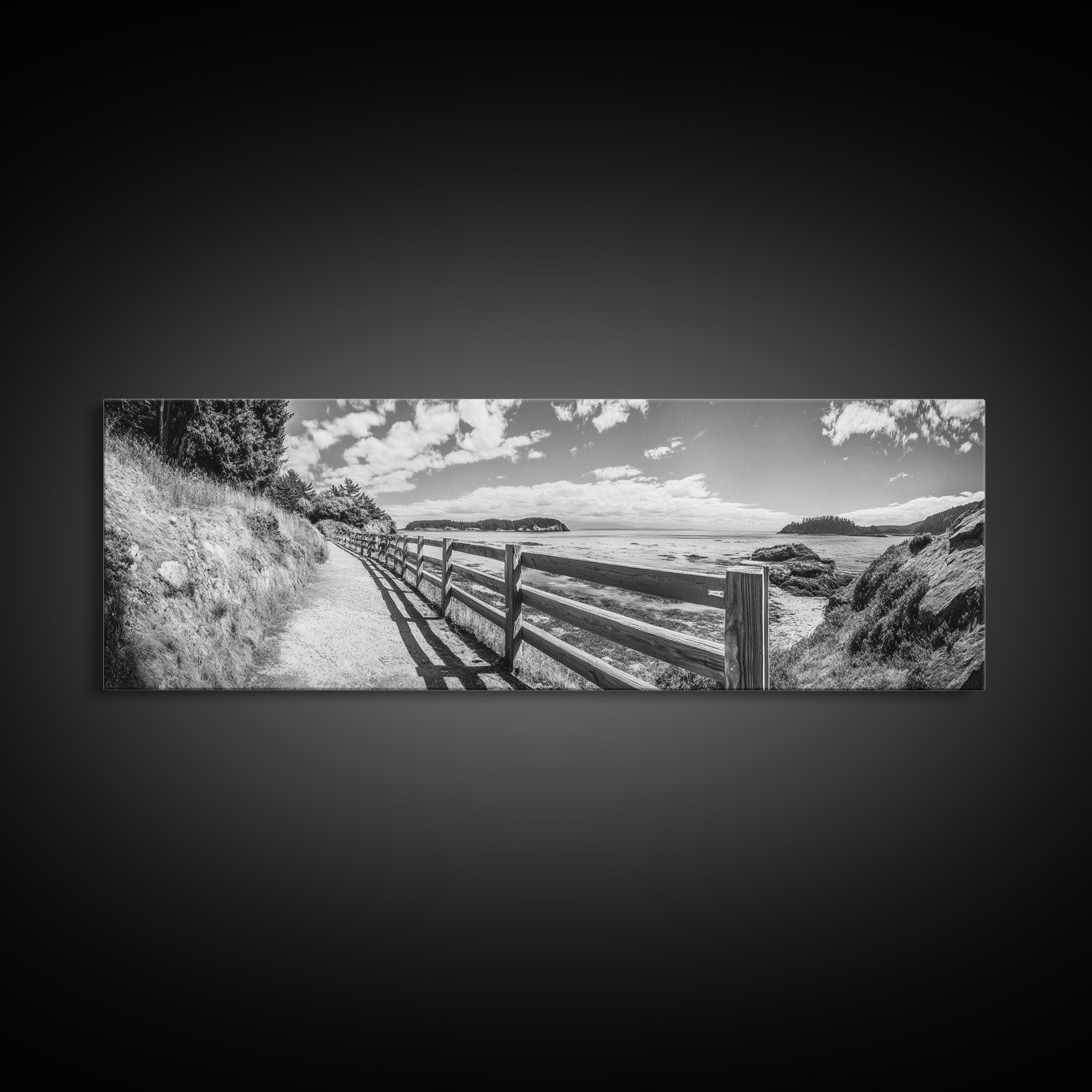 Coastal Fence Path, Island View, Ocean Trail, Framed Canvas Print, Bright Scenic Art, Living Room Decor, Seaside Landscape Vibe