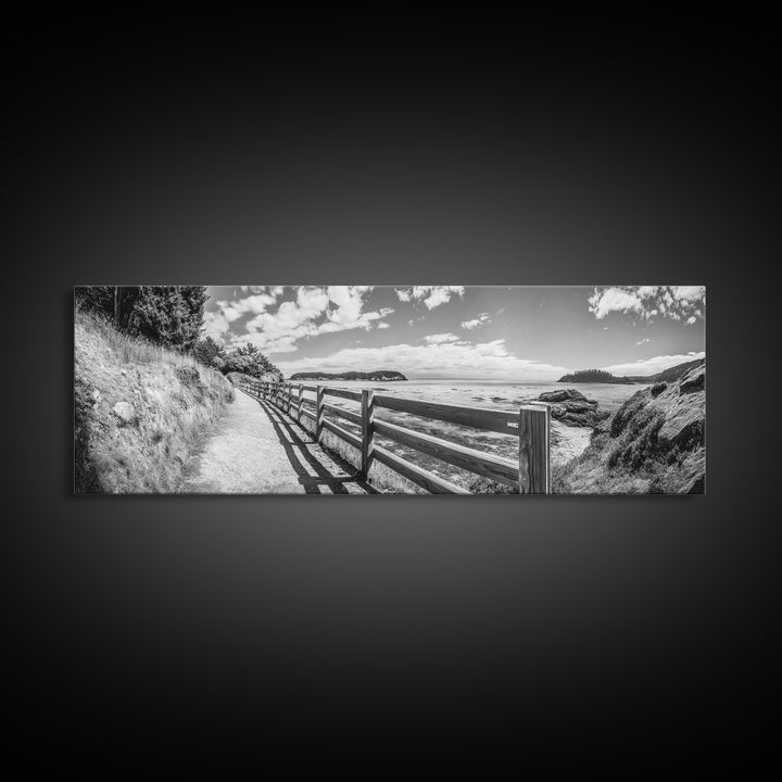 Coastal Fence Path, Island View, Ocean Trail, Framed Canvas Print, Bright Scenic Art, Living Room Decor, Seaside Landscape Vibe