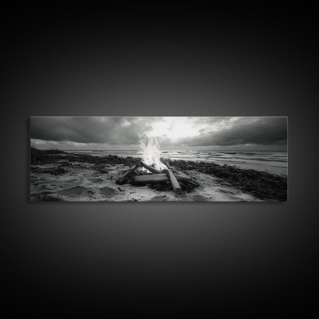 Driftwood Fire, Coastal Sky, Ocean Mood, Fall Campfire, Framed Canvas Print, rustic lake decor, bohemian fireplace art, nature wall accent
