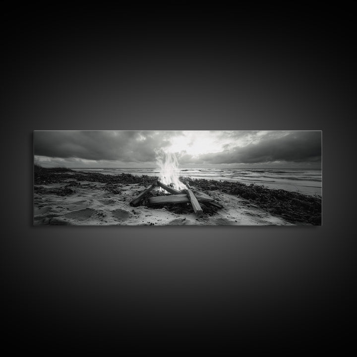 Driftwood Fire, Coastal Sky, Ocean Mood, Fall Campfire, Framed Canvas Print, rustic lake decor, bohemian fireplace art, nature wall accent