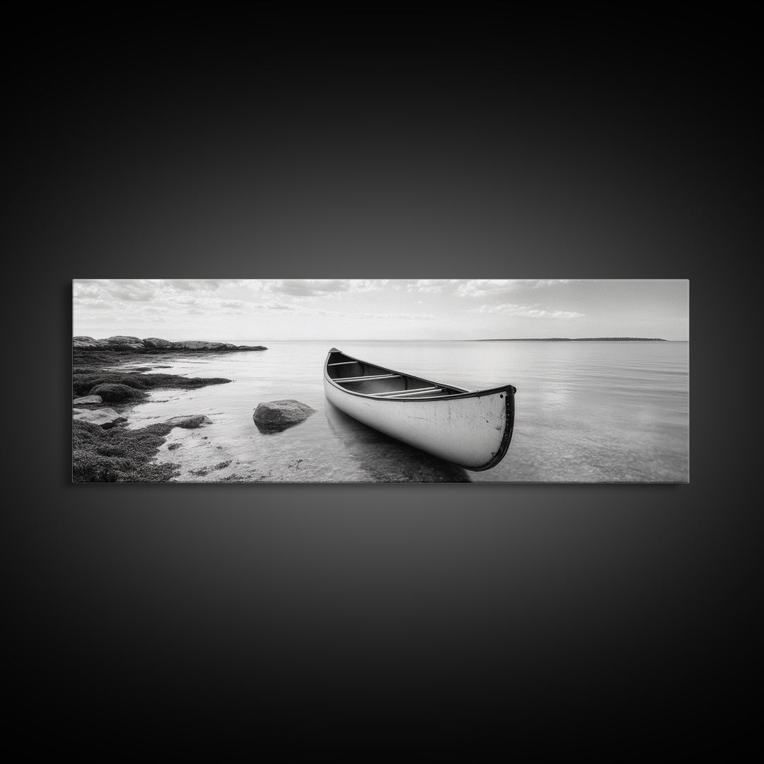 Canoe Shore, Coastal Calm, Nature Paddle, Tranquil Waters, Canvas Print, minimalist outdoor art, boho lake decor, living room wall piece