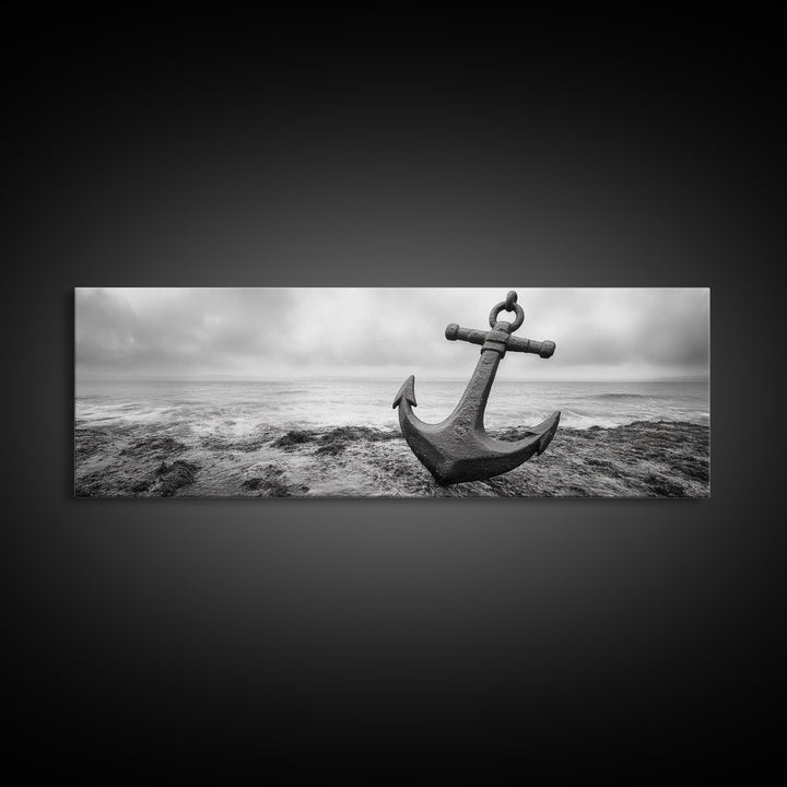 Anchor Shore, Ocean Symbol, Coastal Rust, Nautical Fog, Framed Canvas Print, Bathroom Decor, Marine Wall Art, Minimalist Nautical Style