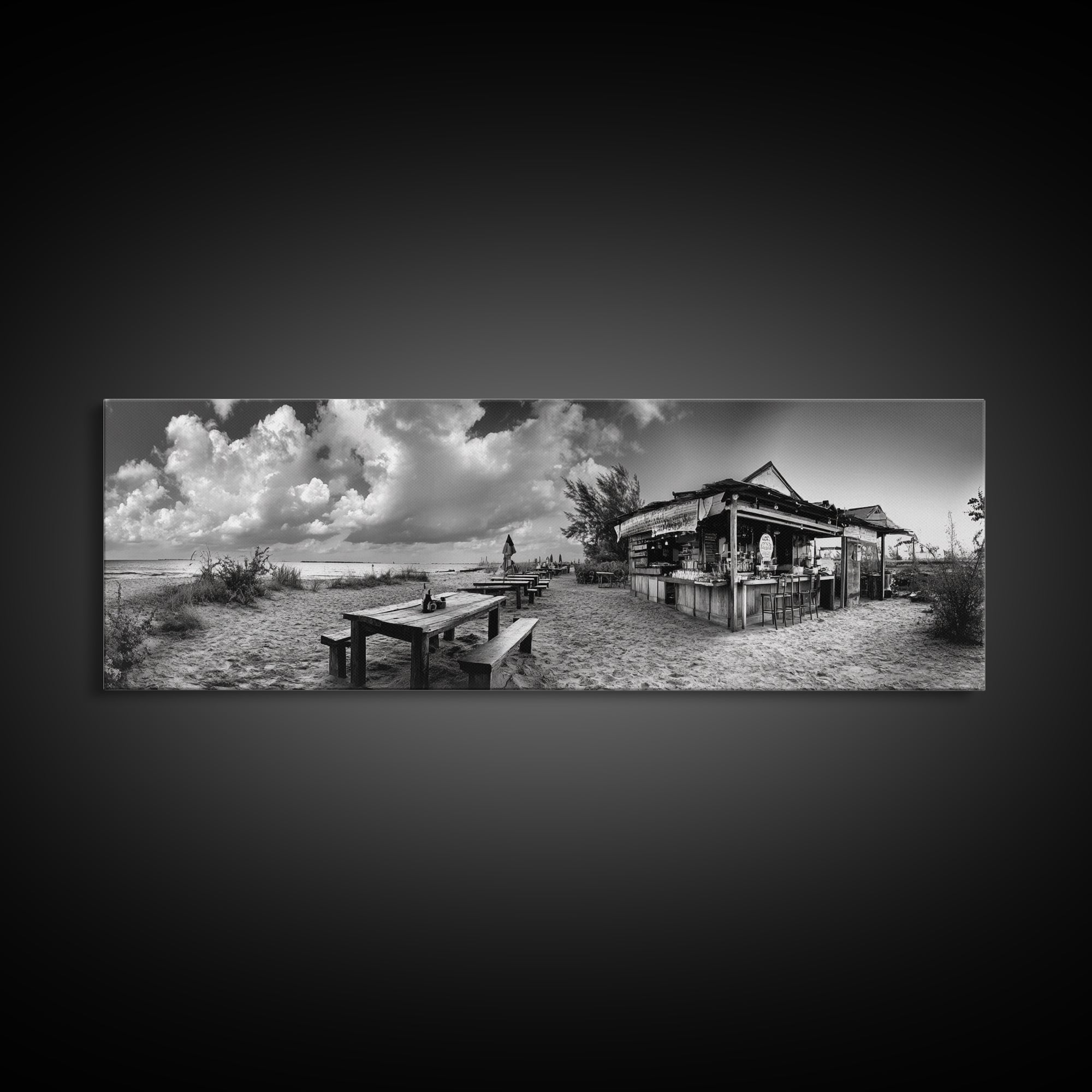 Beachside Bar Scene, Rustic Cafe, Ocean Picnic, Cloudy Sky, Framed Canvas Print, Coastal Kitchen Wall Art, Boho Bar Decor