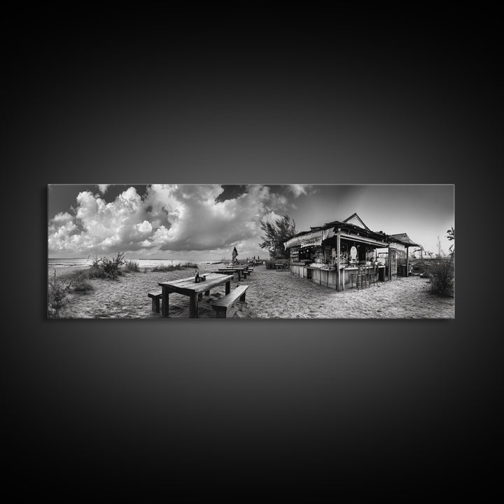 Beachside Bar Scene, Rustic Cafe, Ocean Picnic, Cloudy Sky, Framed Canvas Print, Coastal Kitchen Wall Art, Boho Bar Decor