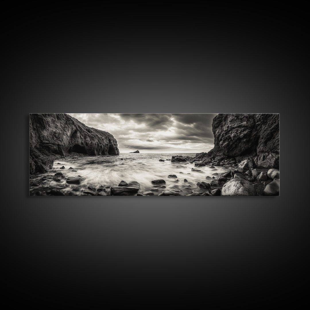 Rocky Shore Escape, Ocean Cliffside, Wild Coast, Moody Sky, Framed Canvas Print, Modern Bathroom Art, Nature Lover Decor