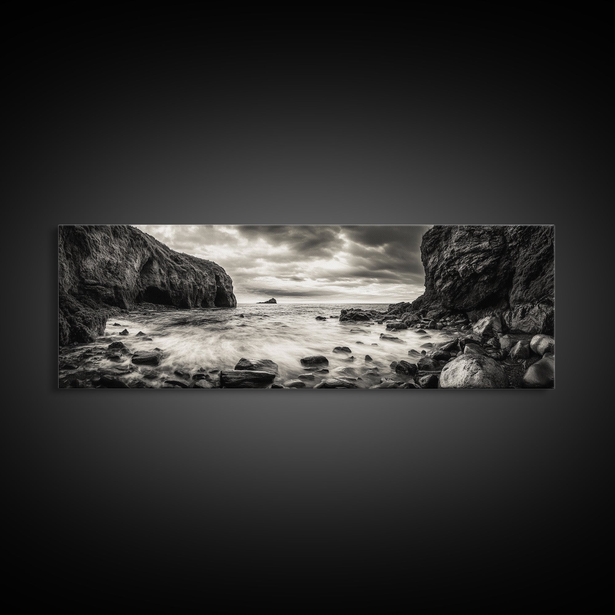 Rocky Shore Escape, Ocean Cliffside, Wild Coast, Moody Sky, Framed Canvas Print, Modern Bathroom Art, Nature Lover Decor