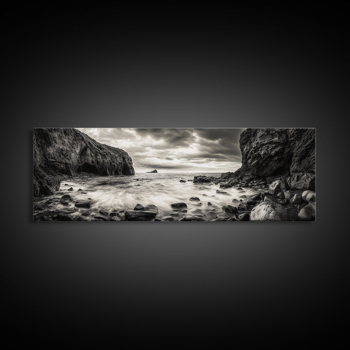 Rocky Shore Escape, Ocean Cliffside, Wild Coast, Moody Sky, Framed Canvas Print, Modern Bathroom Art, Nature Lover Decor