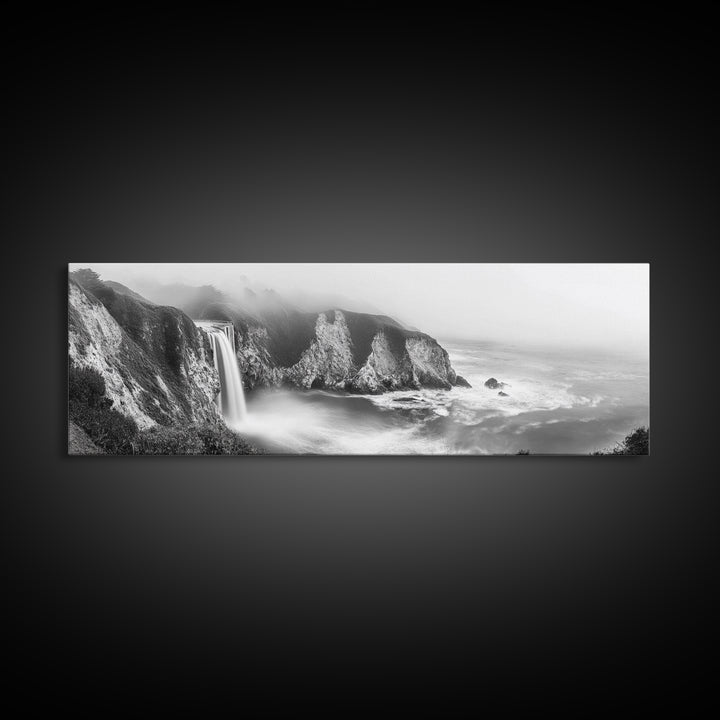 Cliffside Waterfall Coast, Misty Ocean Falls, Dramatic Drop, Nature Power, Framed Canvas Print, Scenic Landscape Wall Art, Spa Bathroom Decor