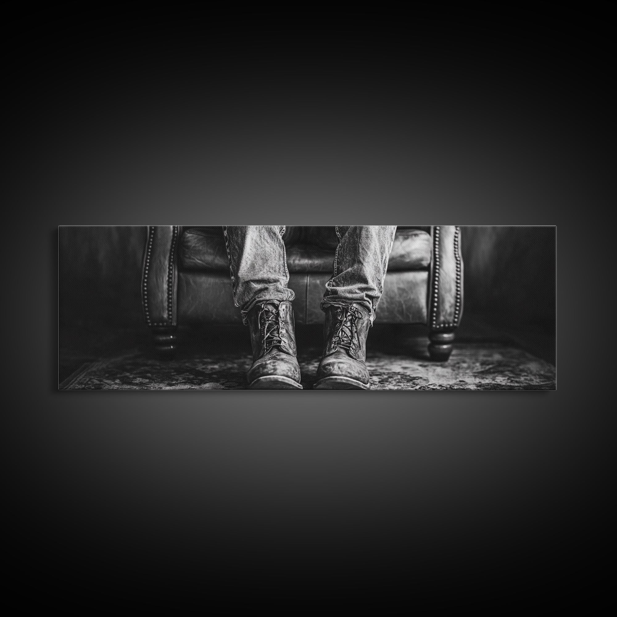 Cowboy Boots Closeup, Rustic Chair, Leather Details, Western Life, Framed Canvas Print, Masculine Office Wall Art, Farmhouse Style