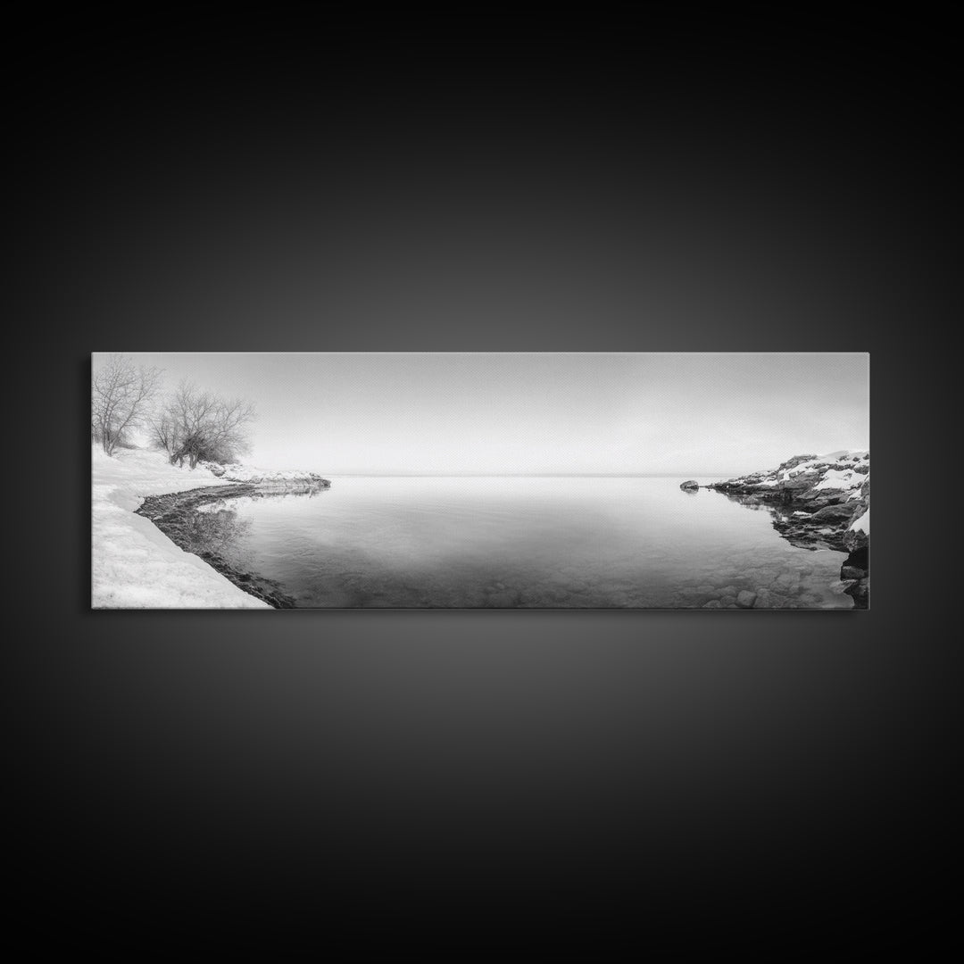 Winter Lake Reflection, Minimal Snow Scene, Bare Trees, Serene Water, Framed Canvas Print, Nordic Minimalist Art, Bedroom Wall Decor