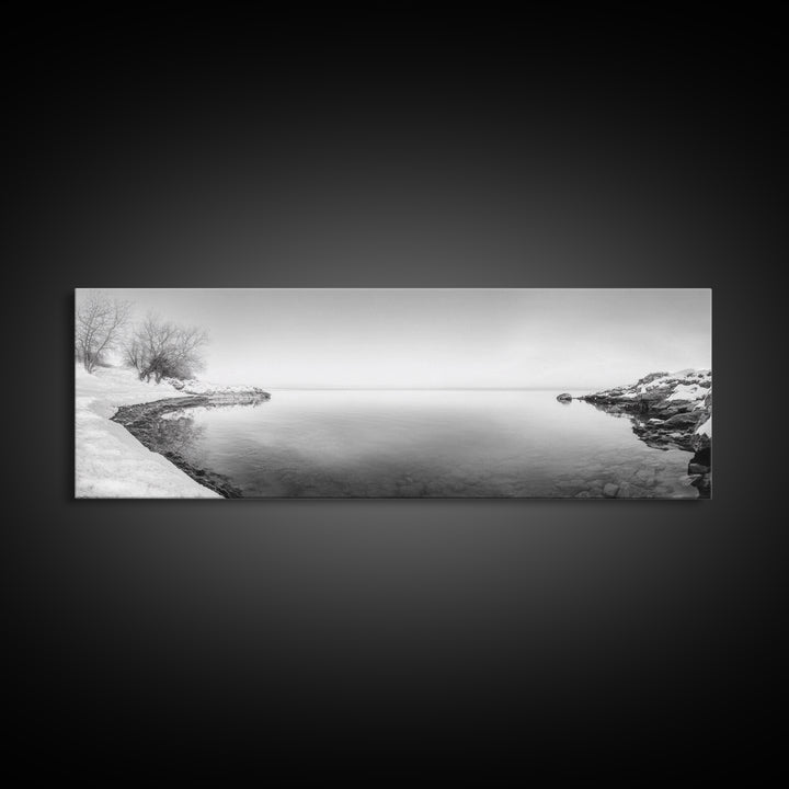 Winter Lake Reflection, Minimal Snow Scene, Bare Trees, Serene Water, Framed Canvas Print, Nordic Minimalist Art, Bedroom Wall Decor