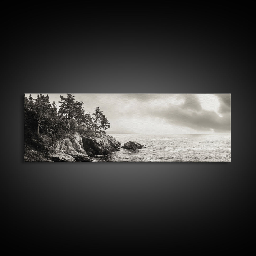 Windy Pines, Rocky Shoreline, Ocean Wilderness, Canvas Print, Vintage Nature Photography, Hallway Wall Art, Outdoor Adventure Vibe