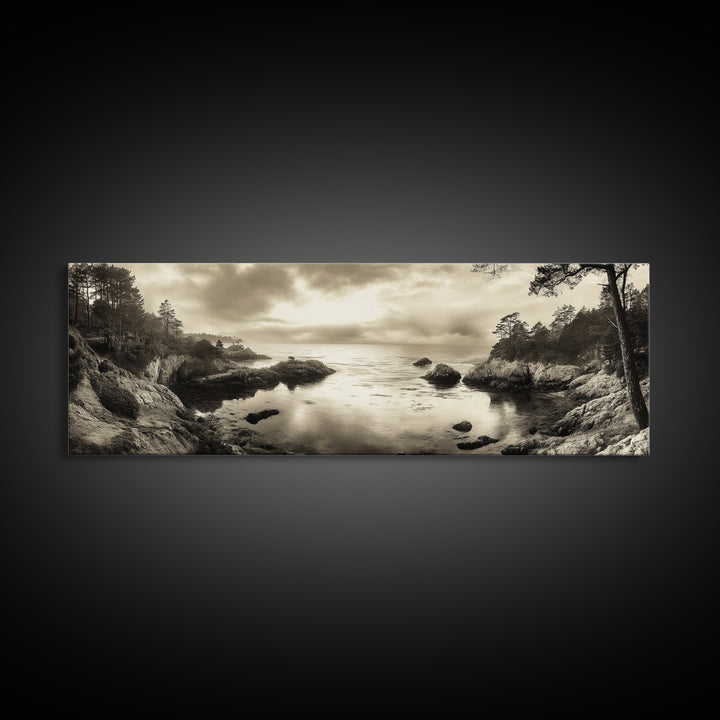 Hidden Cove Sunset, Rocky Seascape, Coastal Tranquility, Framed Canvas Print, Forest Edge, Moody Living Room Wall Art, Seaside Escape