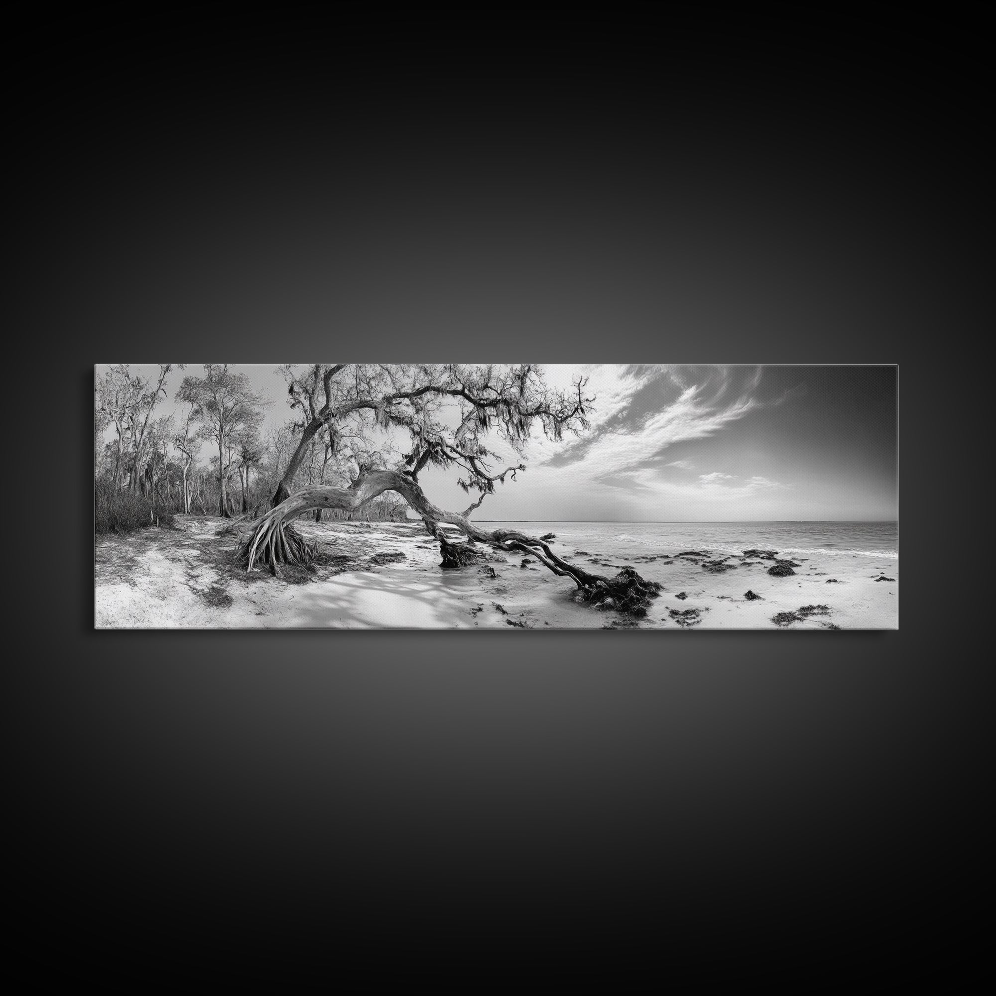 Bending Tree Beach, Windswept Coastal Scene, Dune Forest, Canvas Print, Monochrome Minimalist Art, Boho Bedroom Decor, Ocean Tones