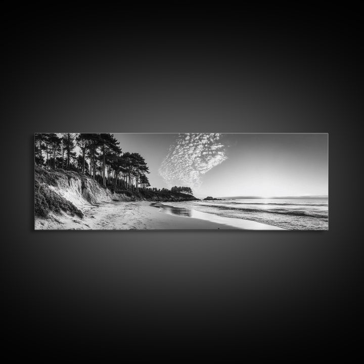 Forest Edge Beach, Coastal Sandscape, Sunset Sky, Canvas Print, Black and White Landscape, Coastal Living Room Art, Natural Vibes