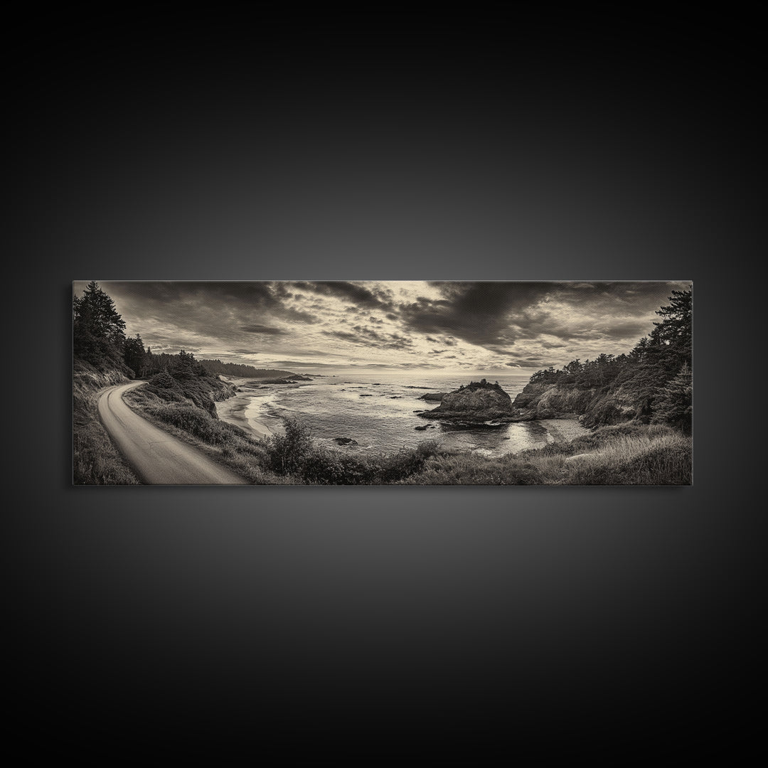 Coastal Road, Ocean Sunset, Rocky Shoreline, Framed Canvas Print, Moody Landscape Photography, Living Room Wall Art, Rustic Nature Decor