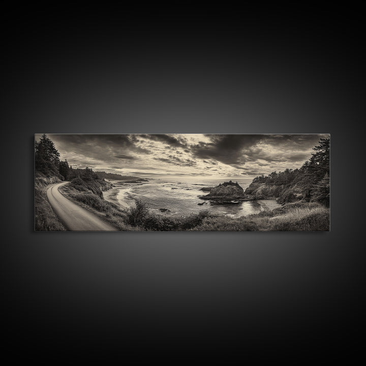 Coastal Road, Ocean Sunset, Rocky Shoreline, Framed Canvas Print, Moody Landscape Photography, Living Room Wall Art, Rustic Nature Decor