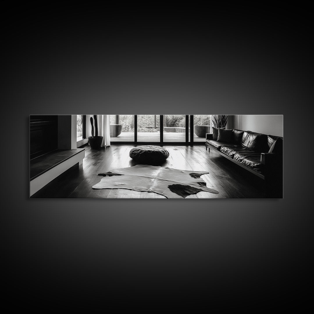 Modern Living, Minimalist Decor, Cowhide Rug, Framed Canvas Print, Neutral Aesthetic Wall Art, Luxury Living Room Design Accent