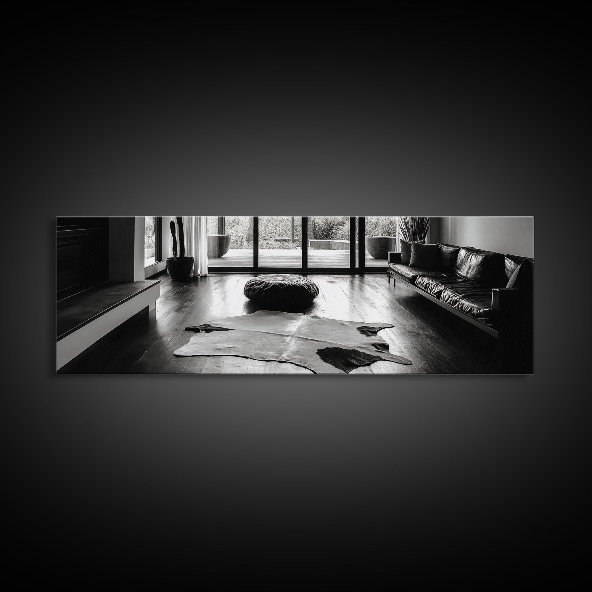 Modern Living, Minimalist Decor, Cowhide Rug, Framed Canvas Print, Neutral Aesthetic Wall Art, Luxury Living Room Design Accent