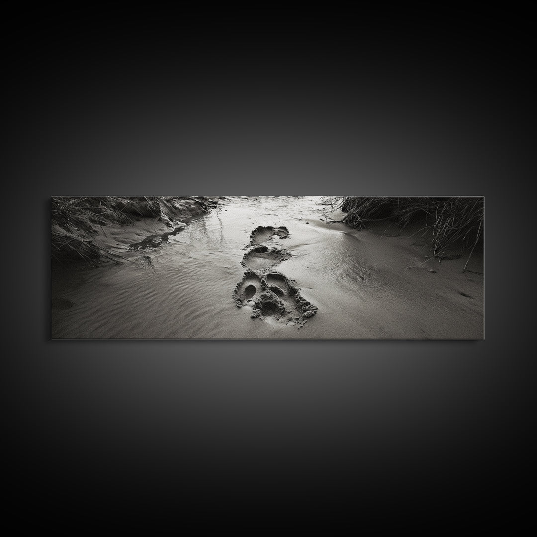 Footprints in Sand, Nature Pathway, Tranquil Stream, Framed Canvas Print, Mindful Journey Art, Rustic Entryway Wall Photography
