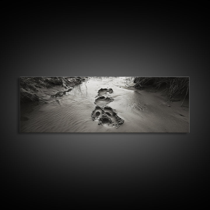 Footprints in Sand, Nature Pathway, Tranquil Stream, Framed Canvas Print, Mindful Journey Art, Rustic Entryway Wall Photography