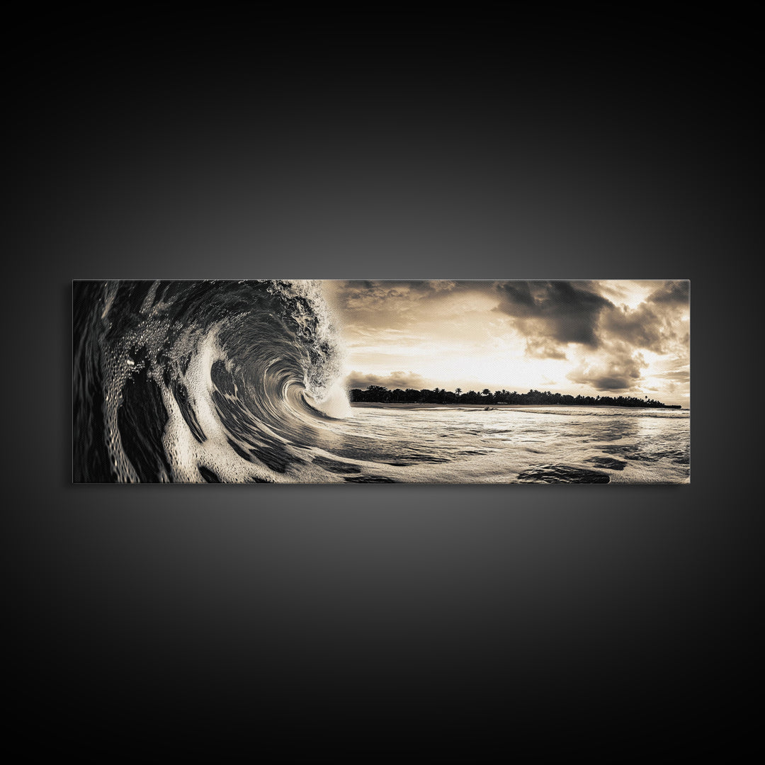 Barrel Wave, Tropical Storm, Surfer’s Dream, Framed Canvas Print, Ocean Power Wall Art, Coastal Living Room Photography Decor