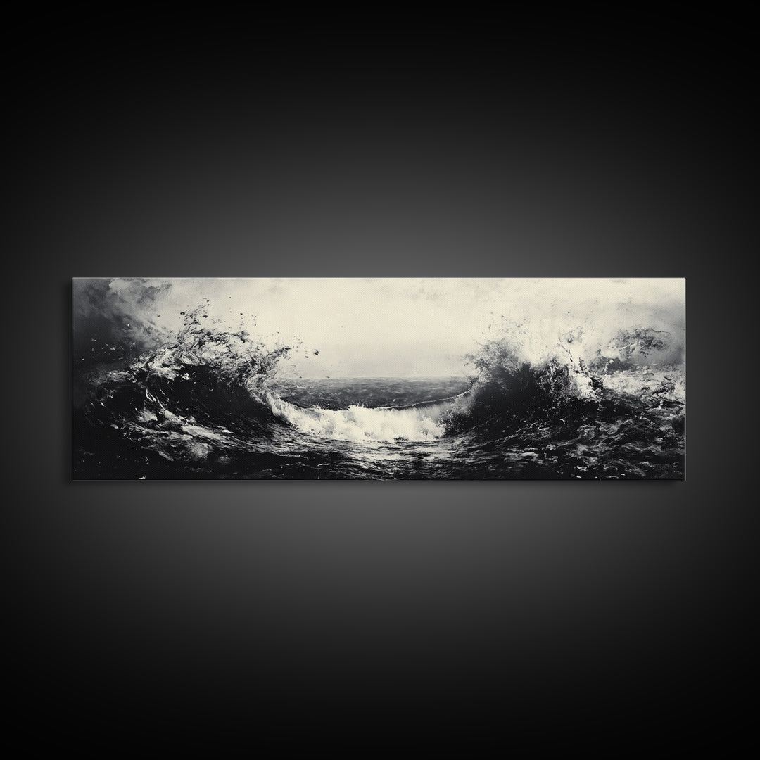 Crashing Waves, Stormy Ocean, Monochrome Surf, Canvas Print, Abstract Seascape Art, Moody Bathroom Decor, Black and White Art Style