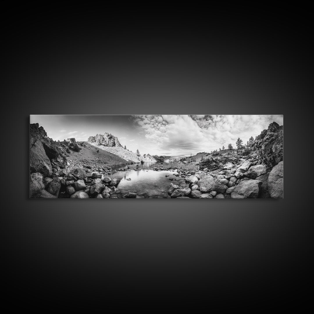 Rocky Lake, Wilderness Reflection, Mountain Calm, Framed Canvas Print, Cabin Nature Wall Art, Rustic Home Decor, Adventure Photography