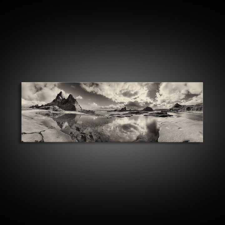 Coastal Rocks, Ocean Reflection, Dramatic Sky, Framed Canvas Print, Beach Landscape Photography, Fall Living Room Wall Art