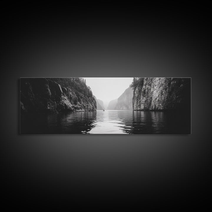 Misty Canyon, River Passage, Tranquil Adventure, Canvas Print, Nature Escape Wall Art, Zen Office Decor, Moody Black and White Style