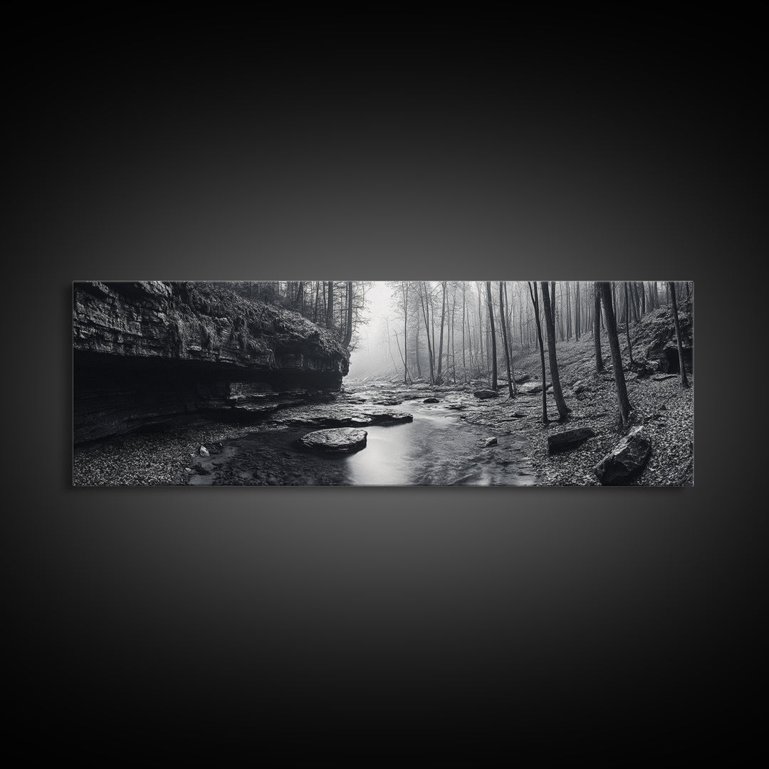 Misty River, Tranquil Forest, Autumn Nature, Monochrome Photography, Framed Canvas Print, Bedroom Wall Art, Rustic Decor, Minimalist Style