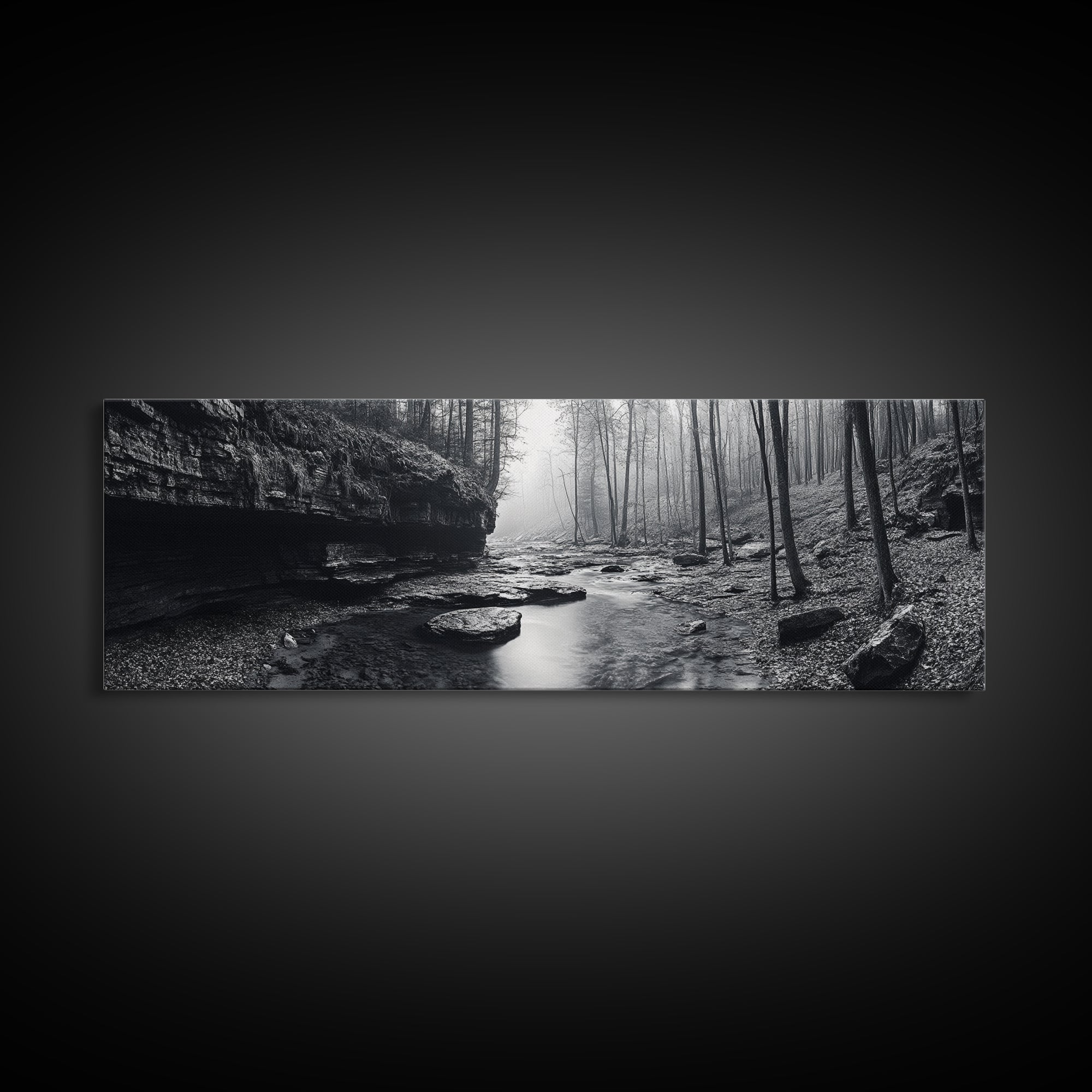 Misty River, Tranquil Forest, Autumn Nature, Monochrome Photography, Framed Canvas Print, Bedroom Wall Art, Rustic Decor, Minimalist Style