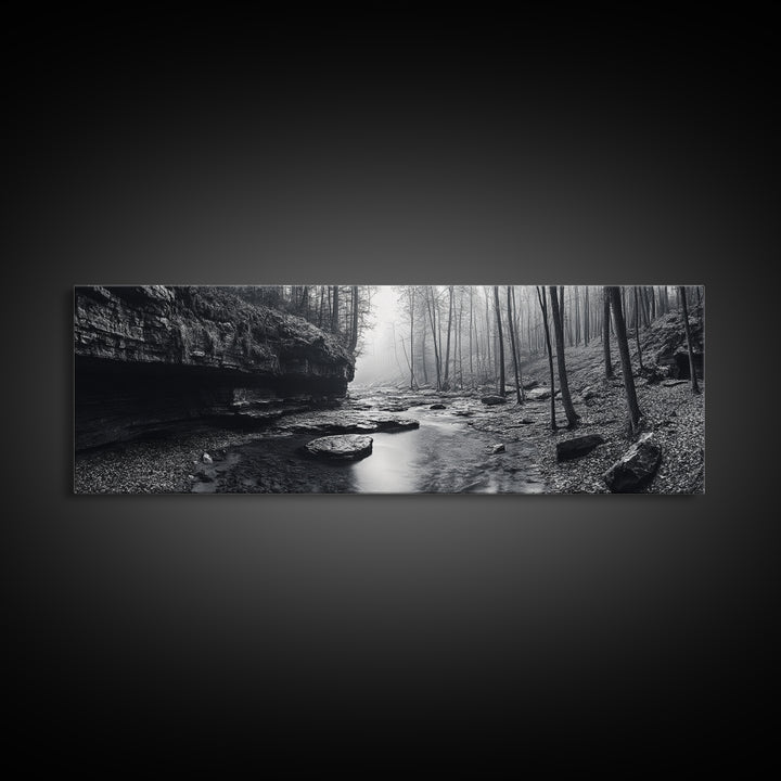 Misty River, Tranquil Forest, Autumn Nature, Monochrome Photography, Framed Canvas Print, Bedroom Wall Art, Rustic Decor, Minimalist Style
