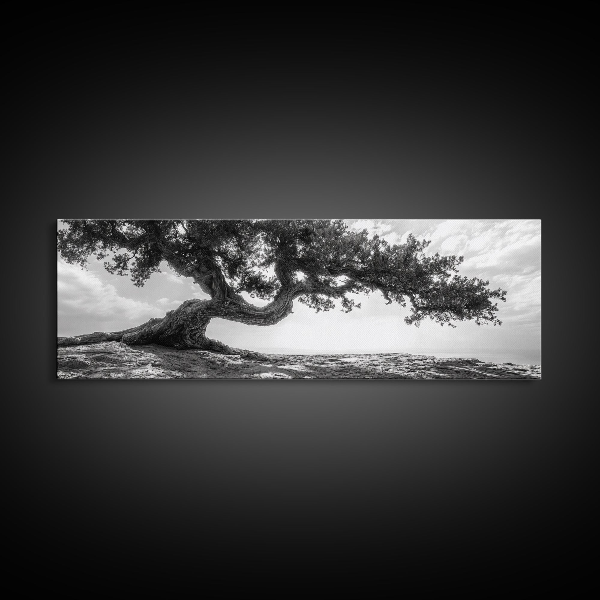 Bending Tree, Windswept Landscape, Coastal Nature, Monochrome Art, Framed Canvas Print, Zen Wall Art, Minimalist Living Room Decor