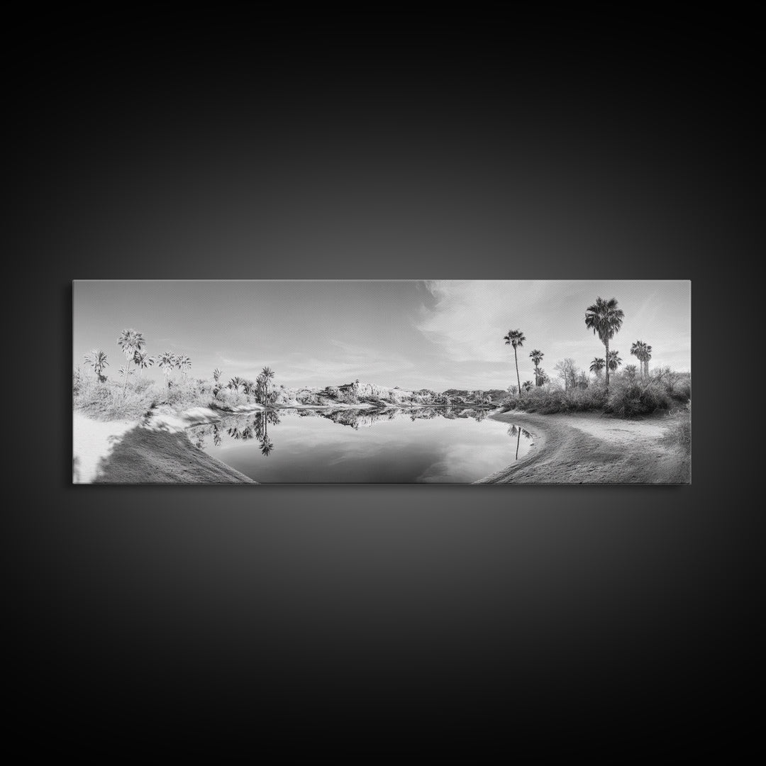 Oasis Reflections, Palm Trees, Desert Scene, Infrared Art Print, Framed Canvas Print, Tropical Wall Art, Boho Bedroom Decor, Tranquil Style