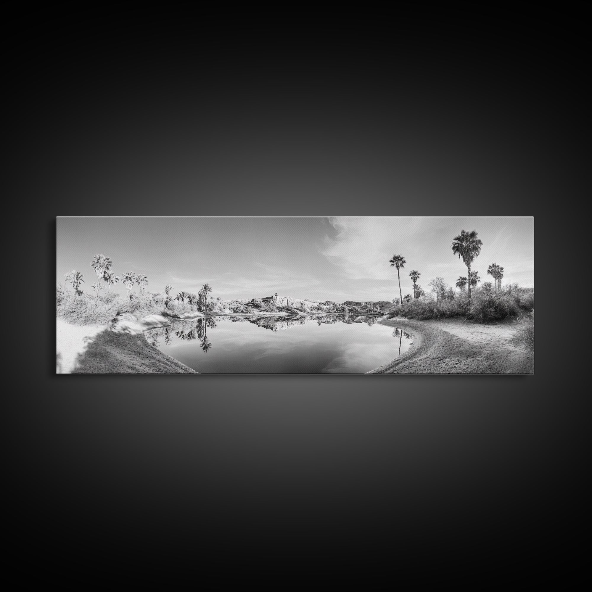 Oasis Reflections, Palm Trees, Desert Scene, Infrared Art Print, Framed Canvas Print, Tropical Wall Art, Boho Bedroom Decor, Tranquil Style