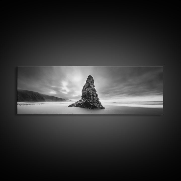 Coastal Monolith, Oregon Seascape, Moody Sky, Dramatic Beach, Framed Canvas Print, Coastal Wall Art, Modern Minimalist Decor