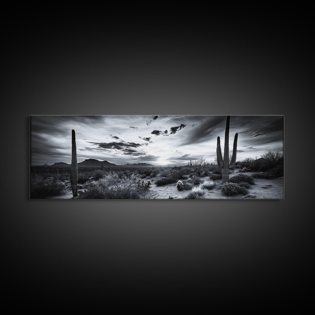 Desert Sunset, Cactus Silhouettes, Southwestern Landscape, Moody Sky Scene, Framed Canvas Print, Western Wall Art, Rustic Office Decor